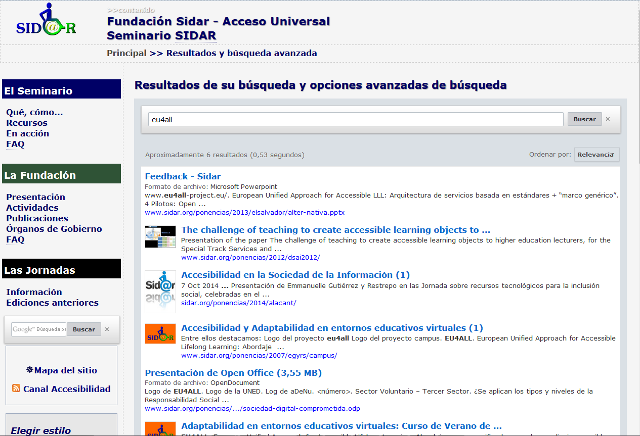 los resultados de búsqueda en la web de Sidar.