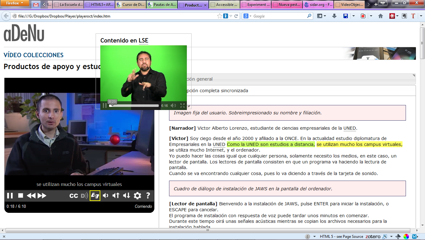 Vista de página que usa el reproductor con el vídeo en LSE ampliado