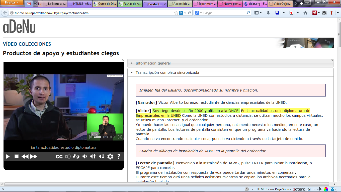 Vista de página que usa el reproductor, con el vídeo en LSE sobrepuesto
