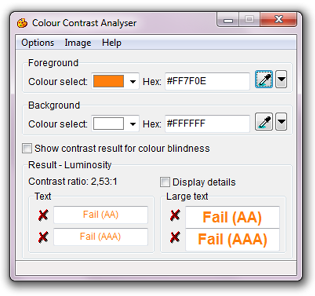 vista de revisión con la herramienta color contrast analyzer